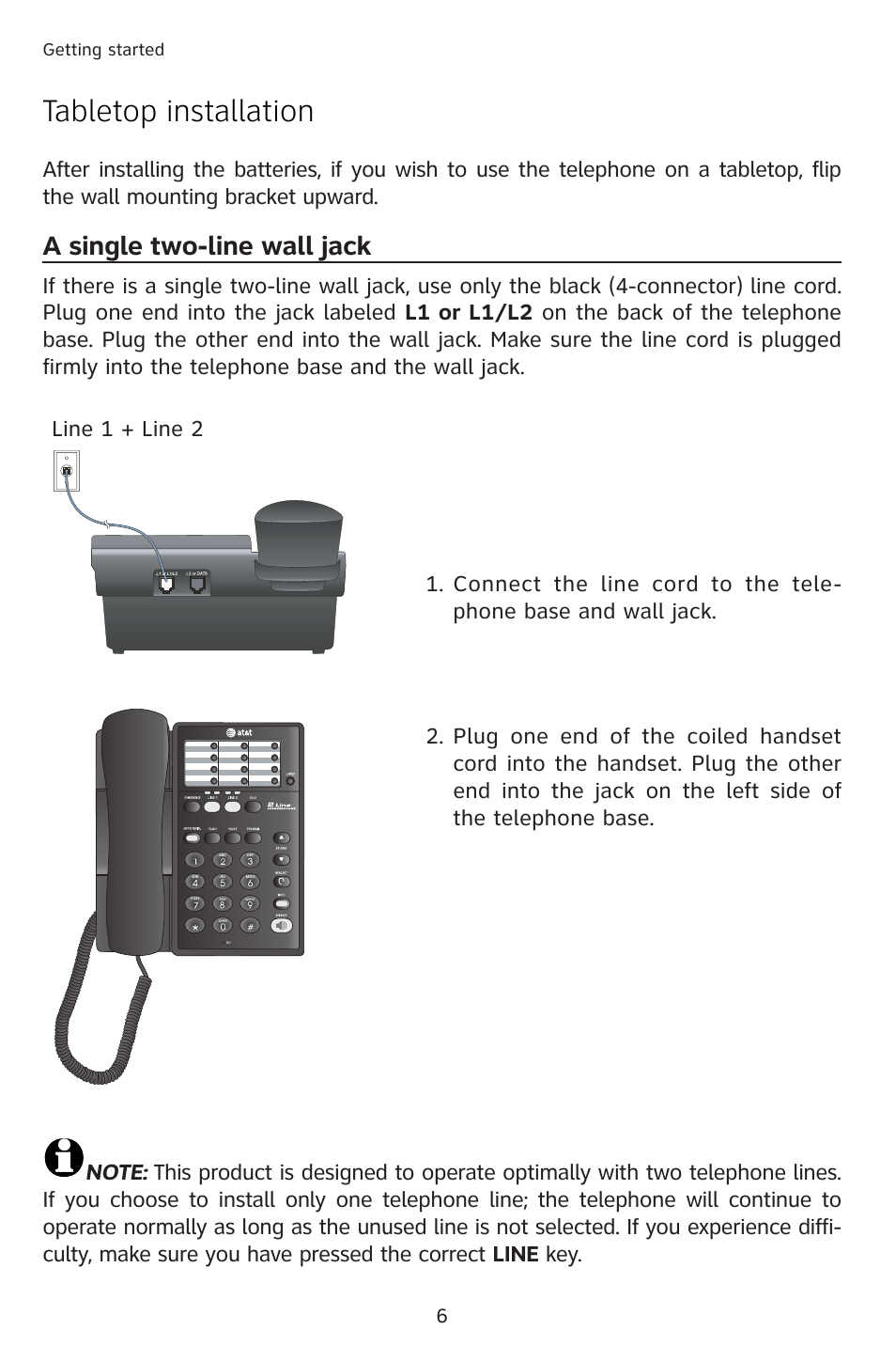 Tabletop installation, A single two-line wall jack | AT&T 983 User Manual | Page 9 / 39