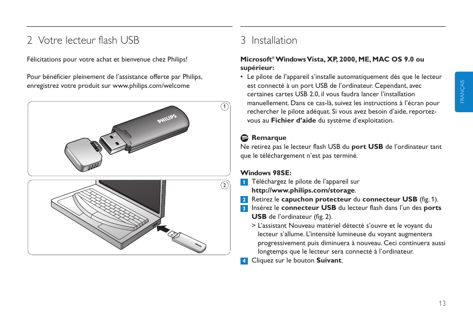 2 votre lecteur flash usb, 3 installation | Philips Clé USB User Manual | Page 13 / 98