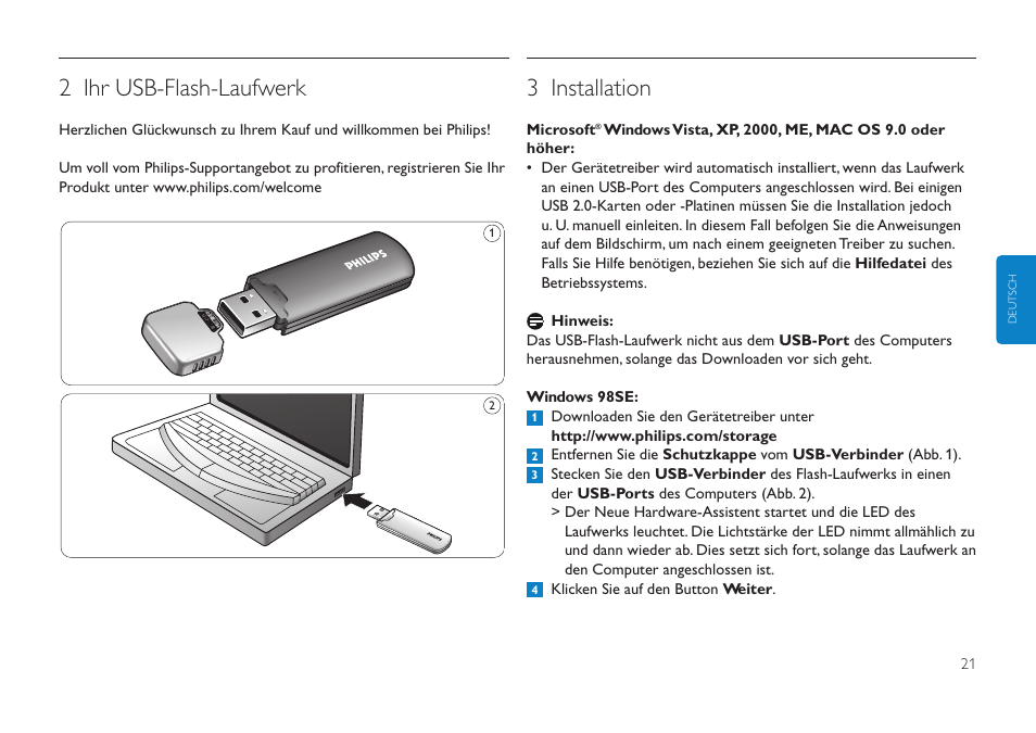 2 ihr usb-flash-laufwerk, 3 installation | Philips Clé USB User Manual | Page 21 / 98