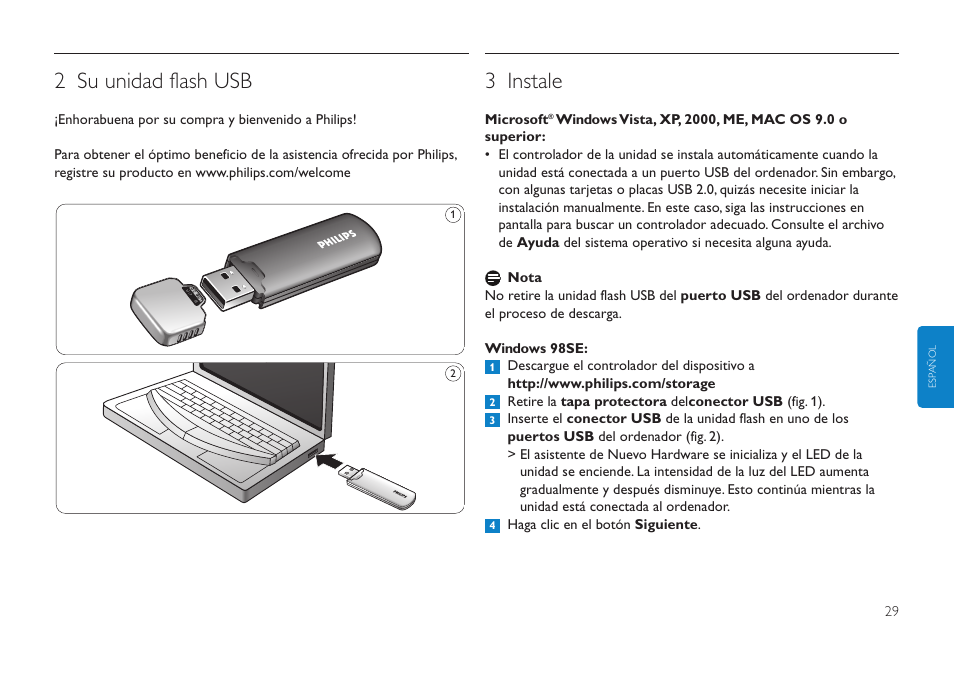 2 su unidad flash usb, 3 instale | Philips Clé USB User Manual | Page 29 / 98