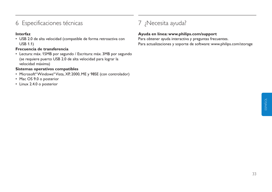 6 especificaciones técnicas, 7 ¿necesita ayuda | Philips Clé USB User Manual | Page 33 / 98