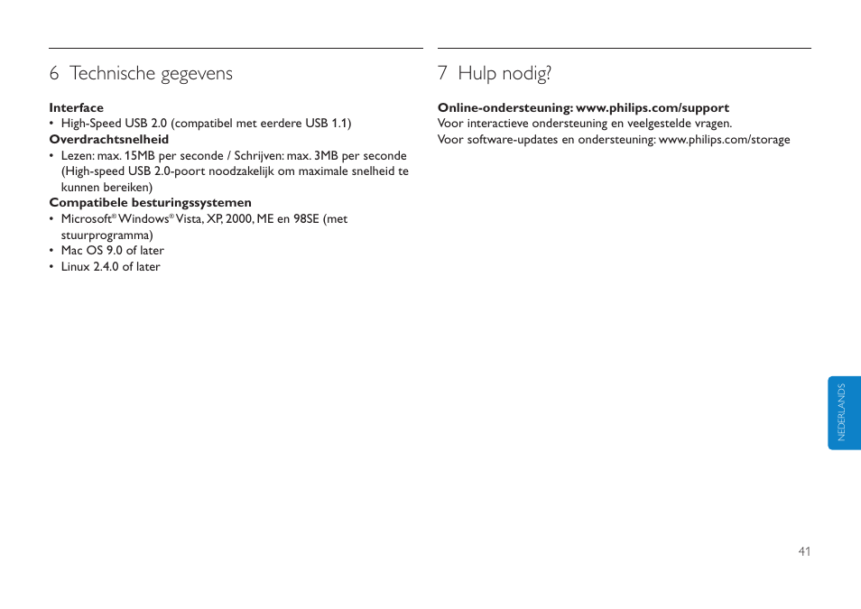 6 technische gegevens, 7 hulp nodig | Philips Clé USB User Manual | Page 41 / 98