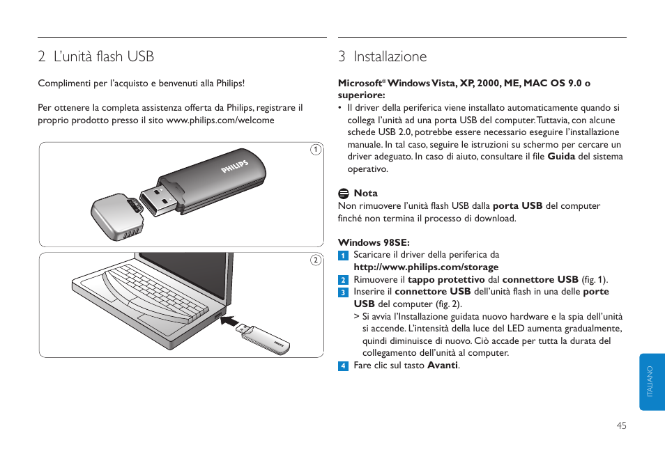 2 l’unità flash usb, 3 installazione | Philips Clé USB User Manual | Page 45 / 98