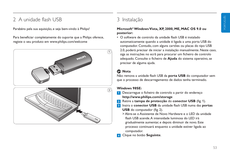 2 a unidade flash usb, 3 instalação | Philips Clé USB User Manual | Page 53 / 98