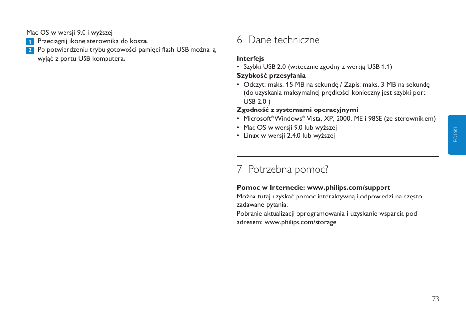 6 dane techniczne, 7 potrzebna pomoc | Philips Clé USB User Manual | Page 73 / 98