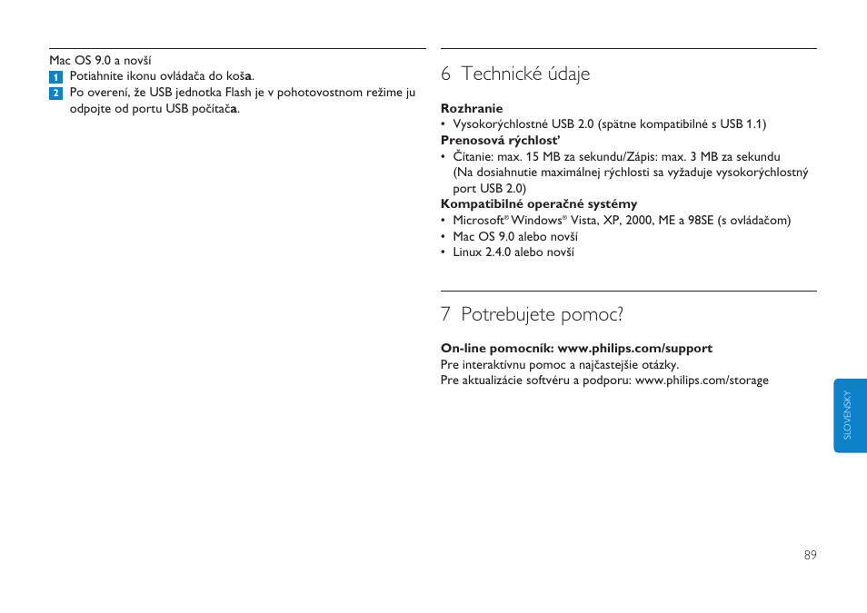 6 technické údaje, 7 potrebujete pomoc | Philips Clé USB User Manual | Page 89 / 98