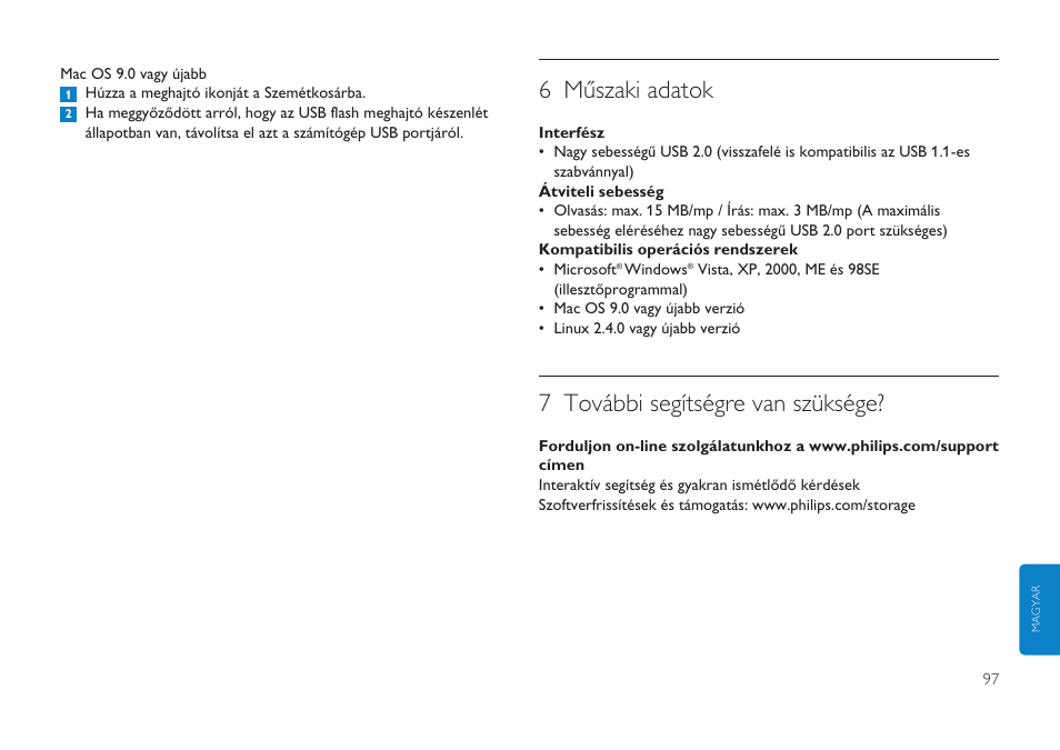 6 műszaki adatok, 7 további segítségre van szüksége | Philips Clé USB User Manual | Page 97 / 98