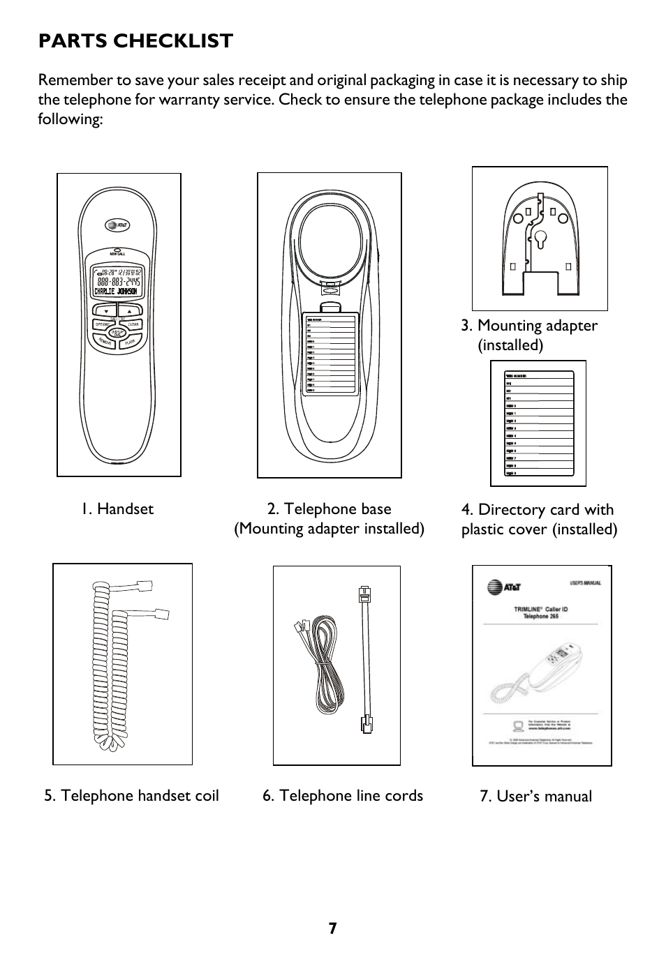 Parts checklist | AT&T Trimline 265 User Manual | Page 10 / 36
