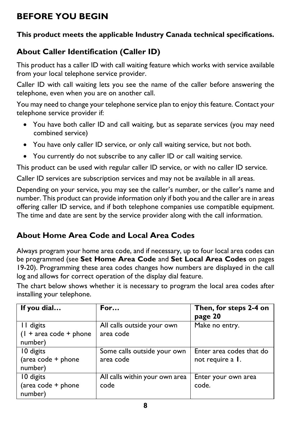 Before you begin, About caller identification, About home area code and local area codes | AT&T Trimline 265 User Manual | Page 11 / 36