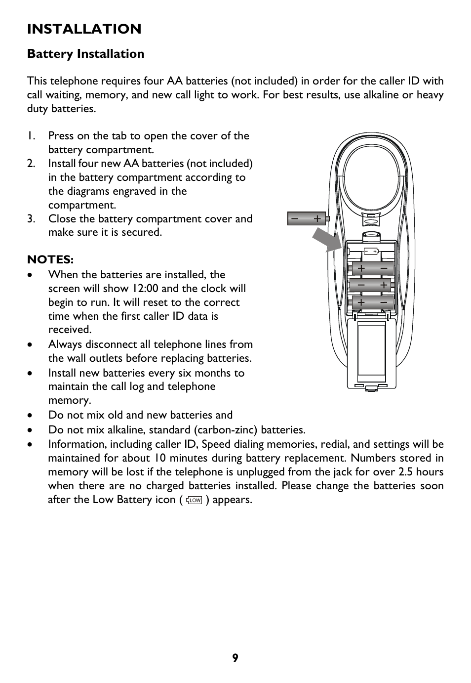 Installation, Battery installation | AT&T Trimline 265 User Manual | Page 12 / 36