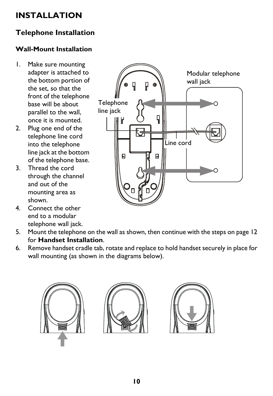 Telephone installation, Wall-mount installation, Installation | AT&T Trimline 265 User Manual | Page 13 / 36