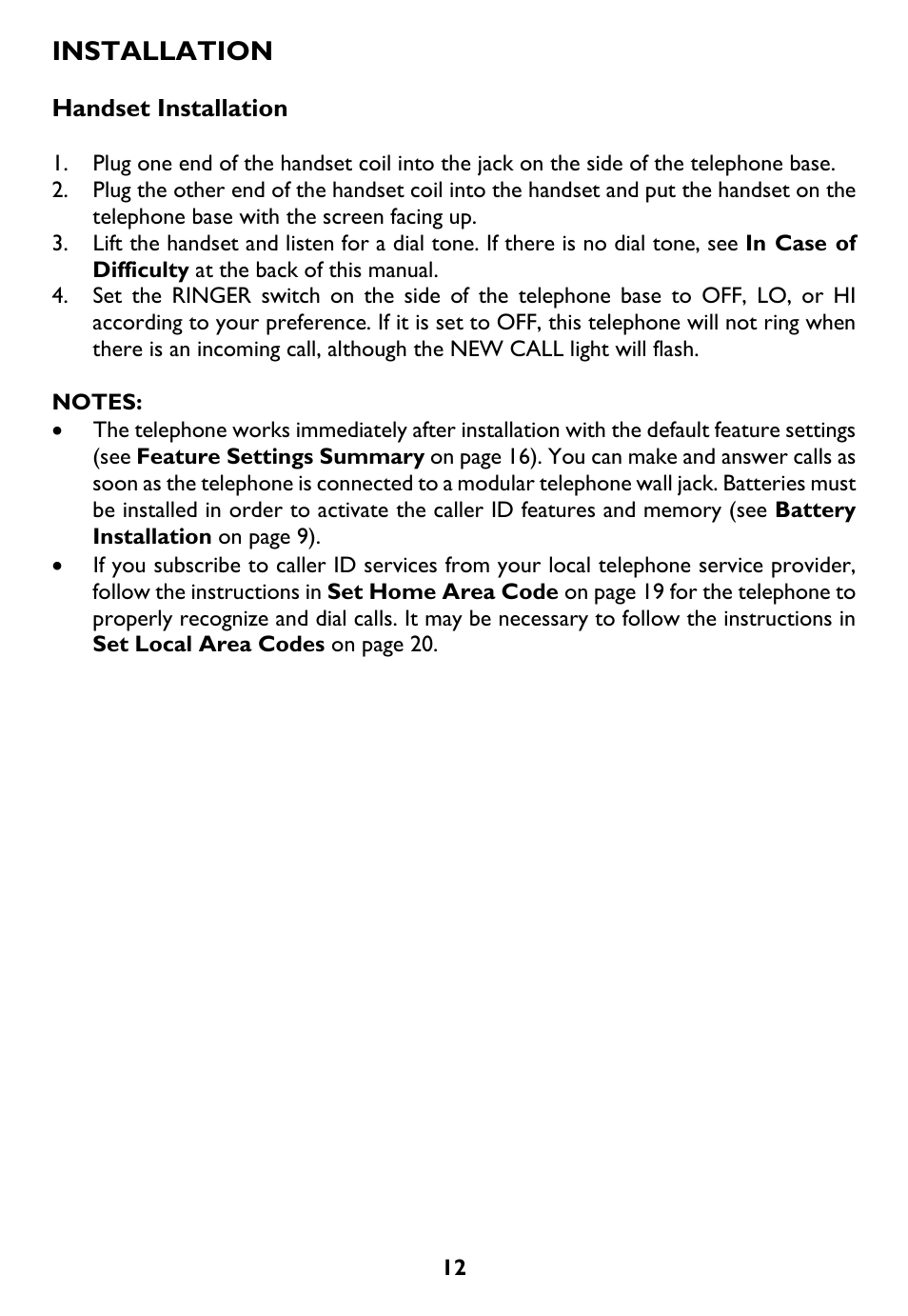Handset installation, Installation | AT&T Trimline 265 User Manual | Page 15 / 36