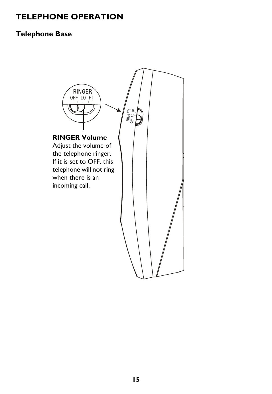 Telephone base, Ringer volume, Telephone operation | AT&T Trimline 265 User Manual | Page 18 / 36