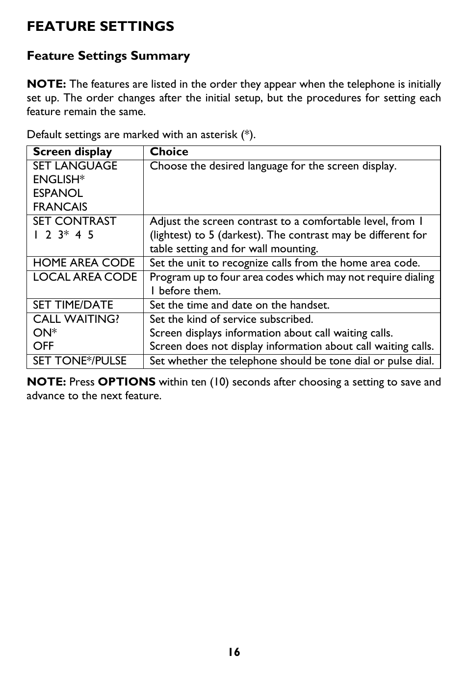 Feature settings, Screen display | AT&T Trimline 265 User Manual | Page 19 / 36
