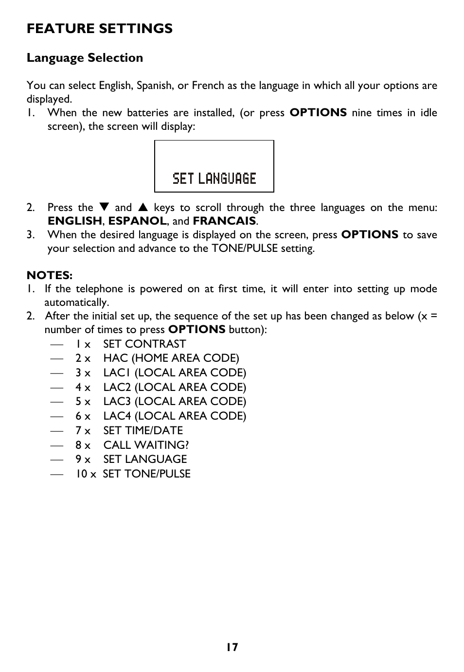 Language selection, Feature settings | AT&T Trimline 265 User Manual | Page 20 / 36