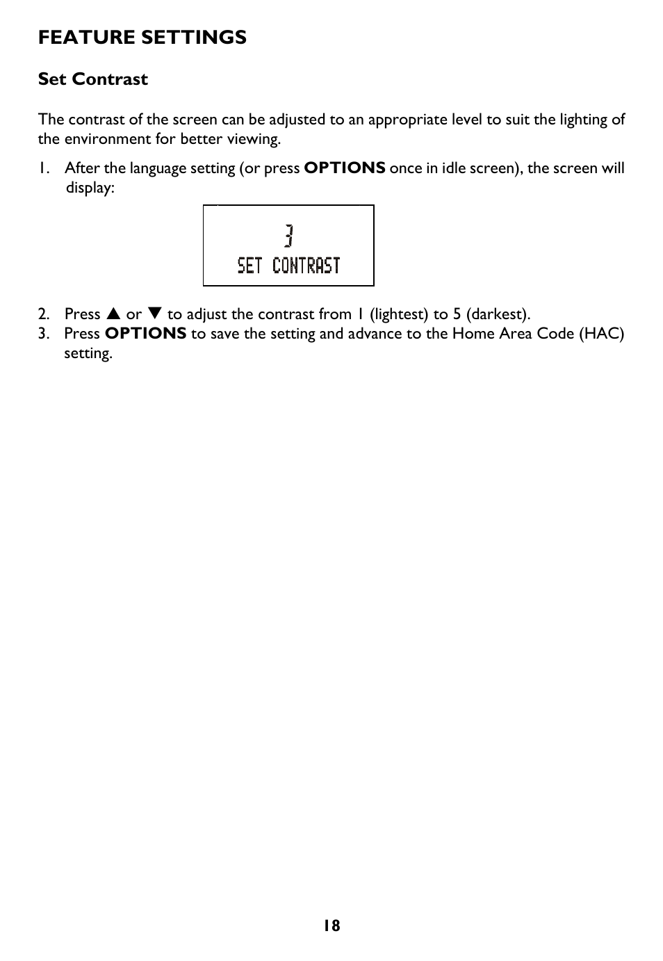 Set contrast, Feature settings | AT&T Trimline 265 User Manual | Page 21 / 36