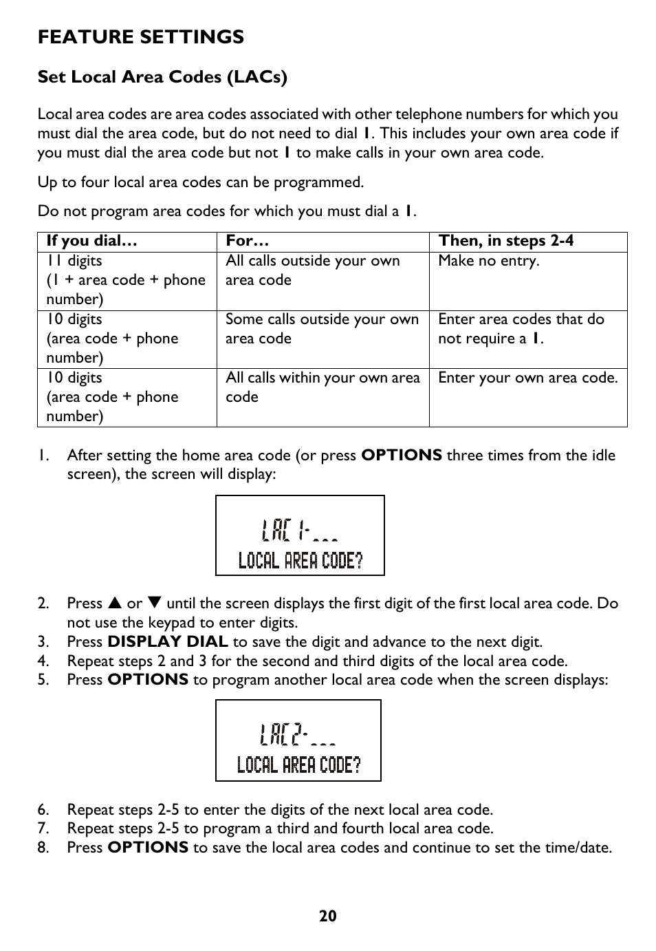Set local area codes (lacs), Feature settings | AT&T Trimline 265 User Manual | Page 23 / 36