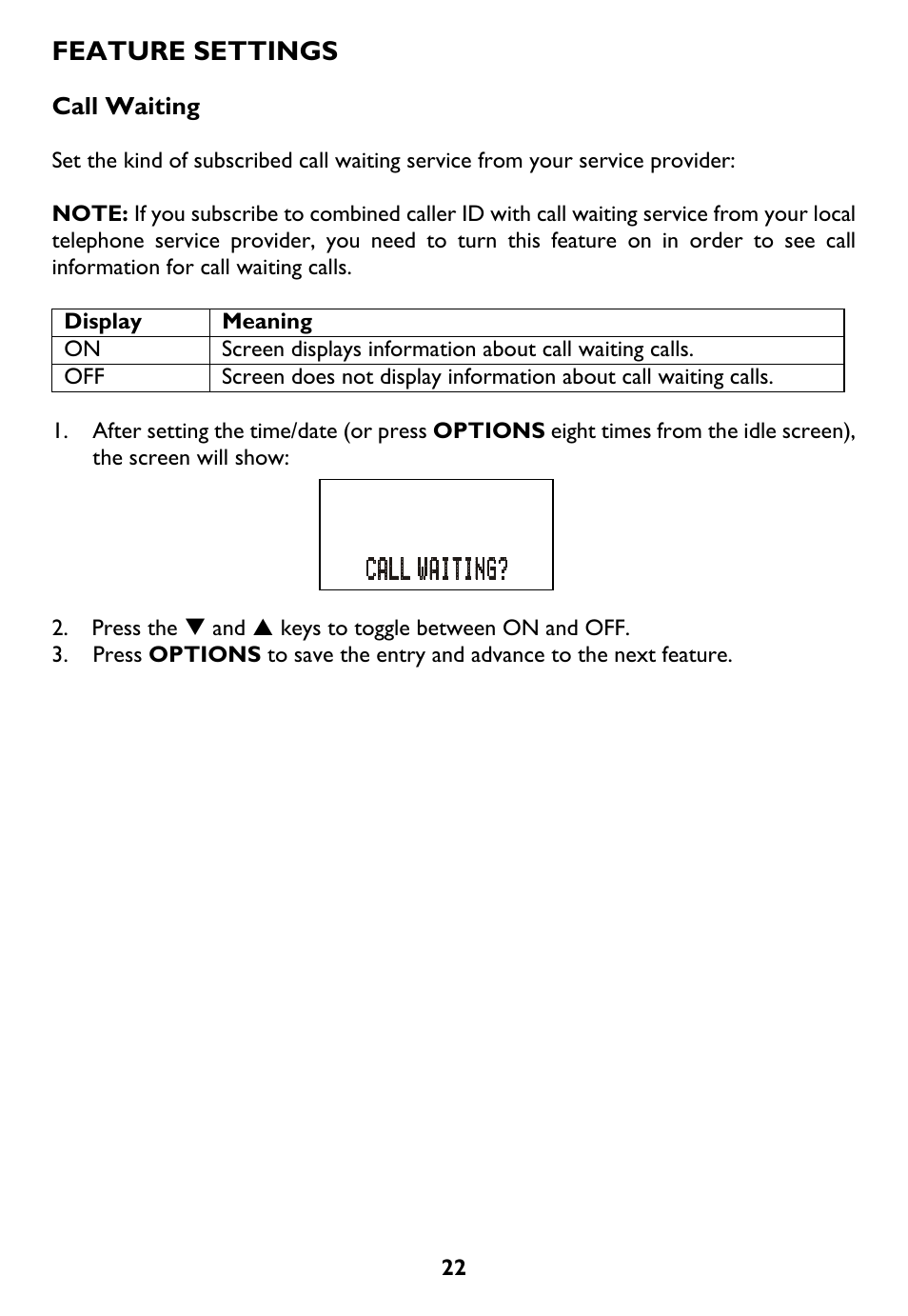 Call waiting, Feature settings | AT&T Trimline 265 User Manual | Page 25 / 36