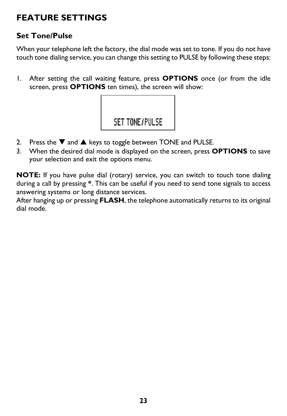 Set tone/pulse, Feature settings | AT&T Trimline 265 User Manual | Page 26 / 36