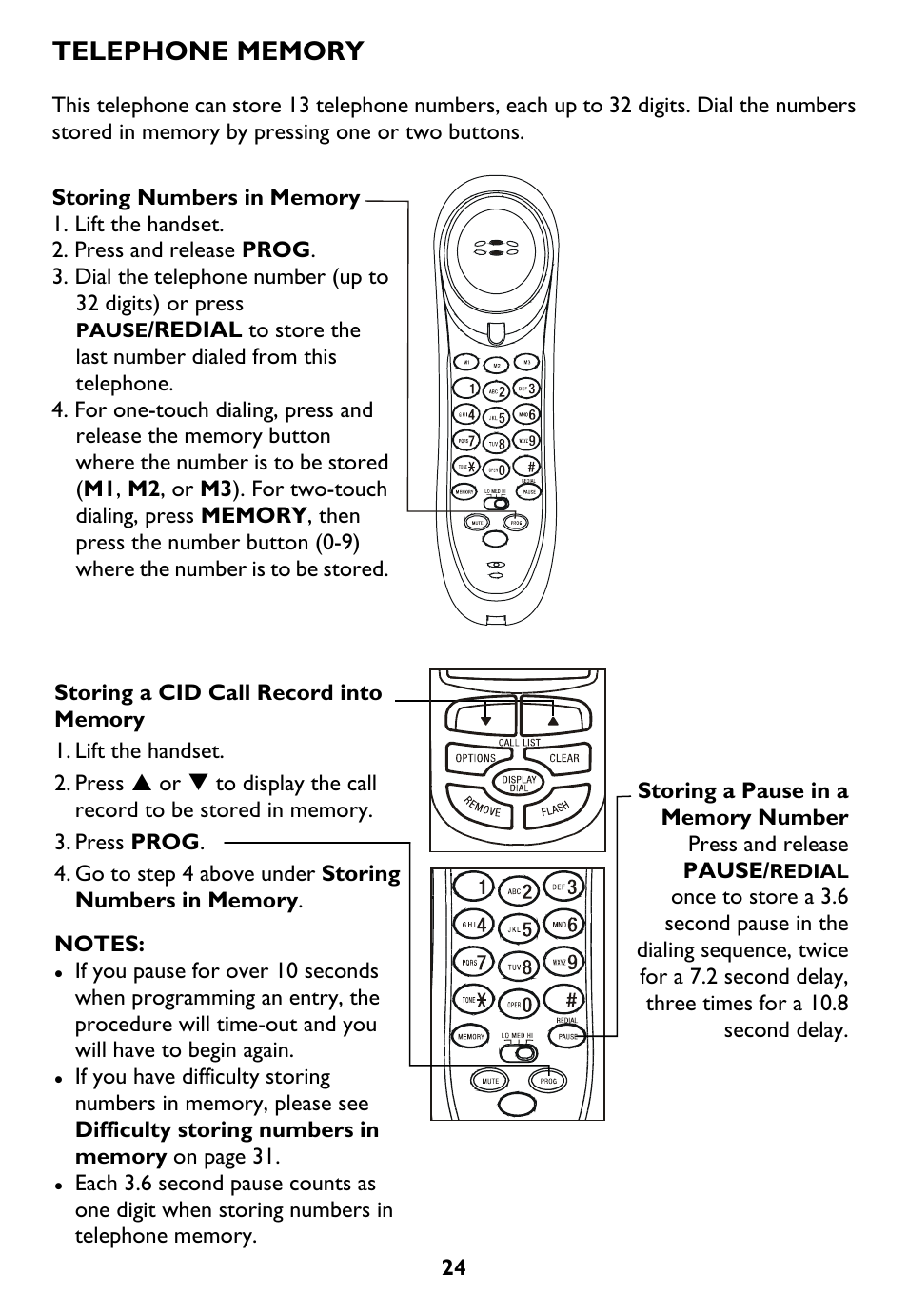 Telephone memory, Storing numbers in memory, Storing a cid call record into memory | Storing a pause in a | AT&T Trimline 265 User Manual | Page 27 / 36