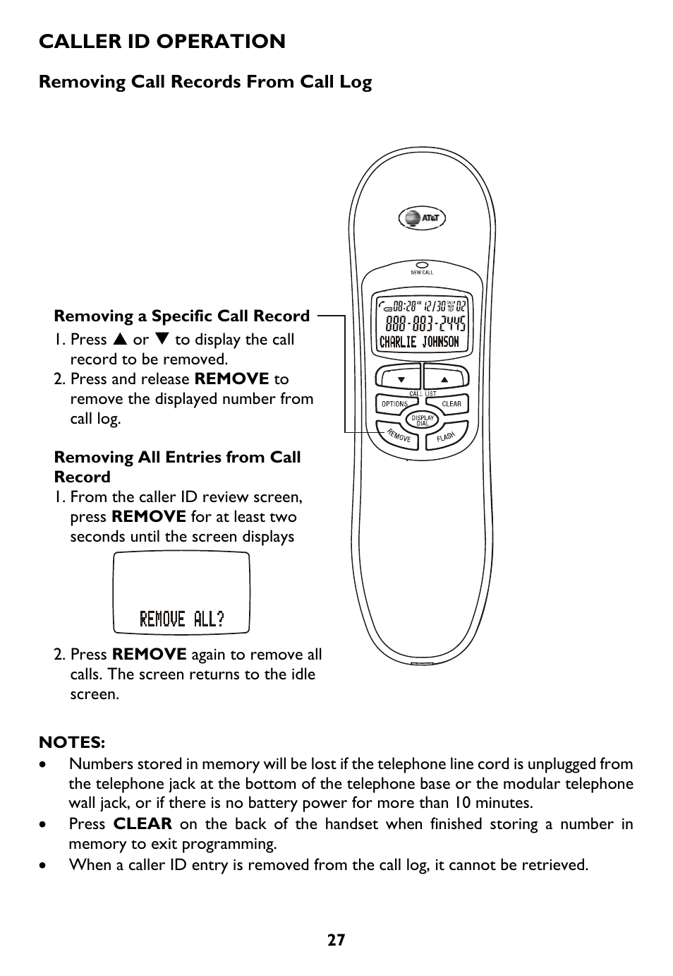 Removing call records from call log, Removing a specific call record, Removing all entries from call | Caller id operation | AT&T Trimline 265 User Manual | Page 30 / 36