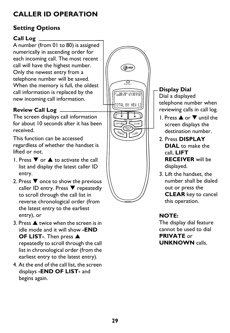 Setting options, Call log, Review call log | Display dial, Caller id operation | AT&T Trimline 265 User Manual | Page 32 / 36