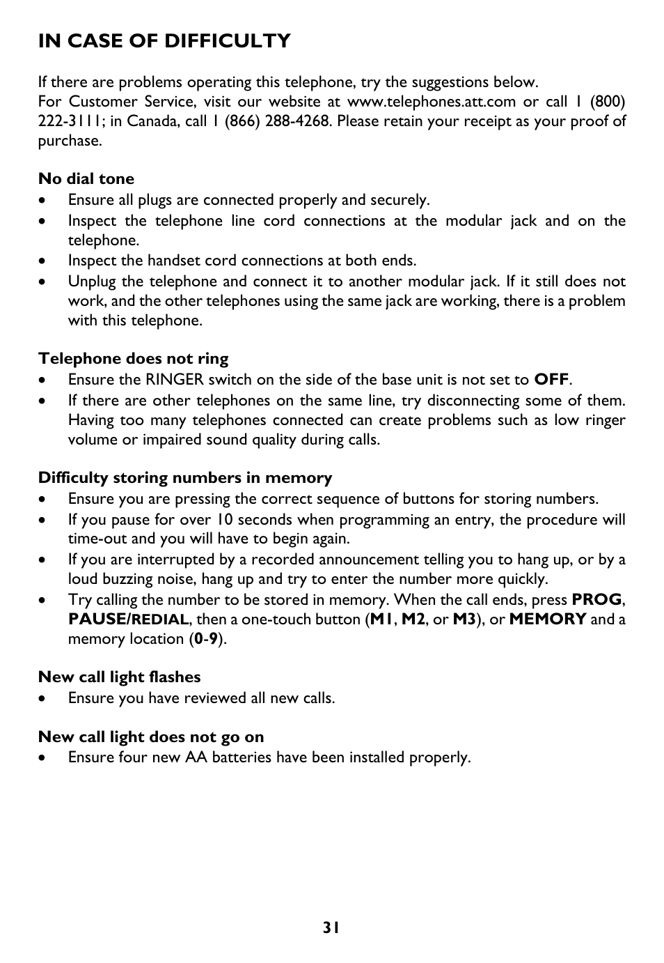In case of difficulty | AT&T Trimline 265 User Manual | Page 34 / 36