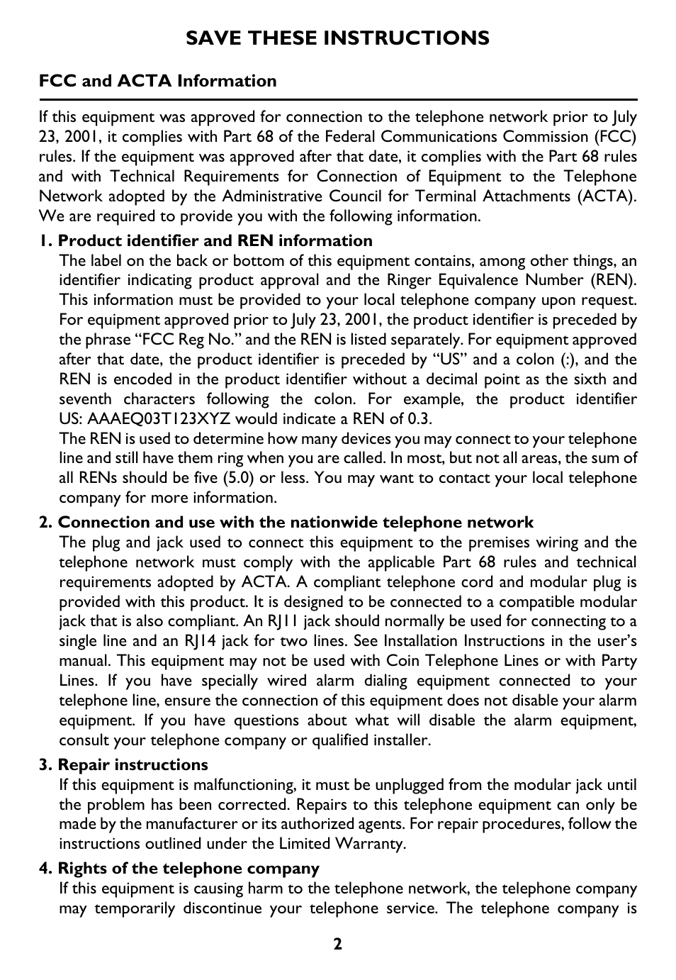Fcc and acta information, Save these instructions | AT&T Trimline 265 User Manual | Page 5 / 36