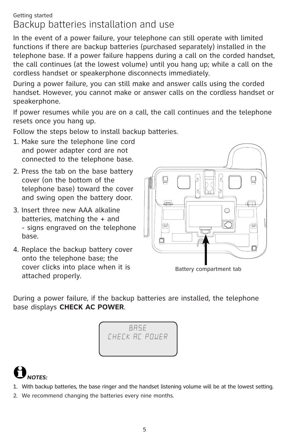 Backup batteries installation and use | AT&T DECT CL84309 User Manual | Page 11 / 94