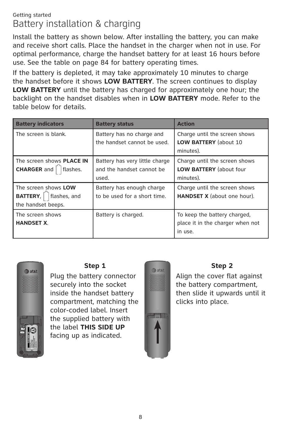 Battery installation & charging | AT&T DECT CL84309 User Manual | Page 14 / 94
