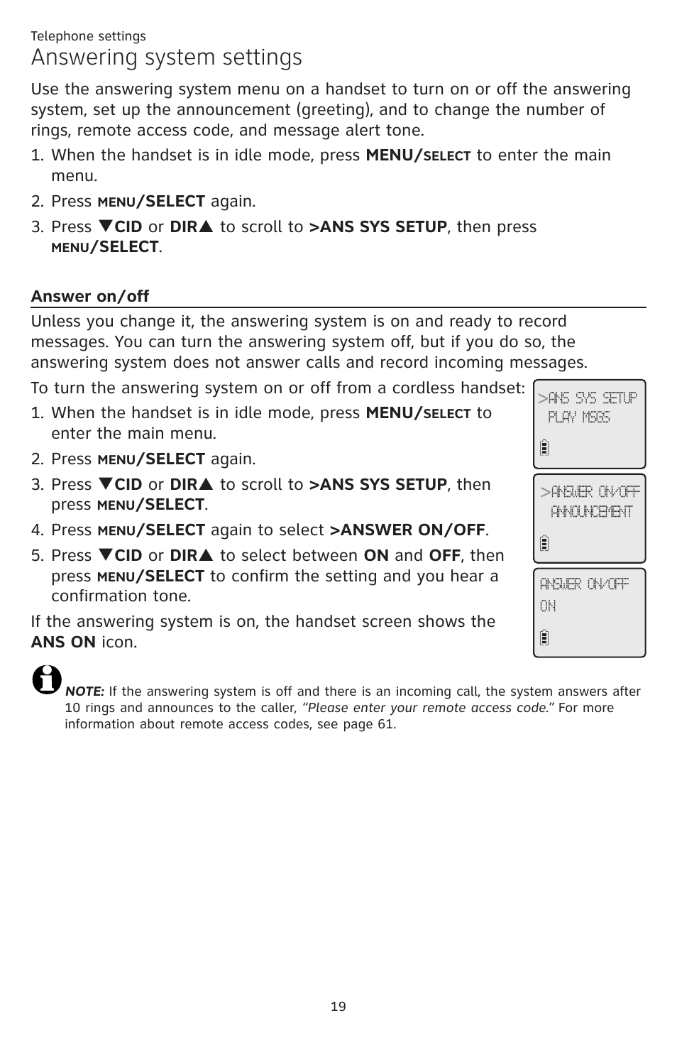 Answering system settings | AT&T DECT CL84309 User Manual | Page 25 / 94