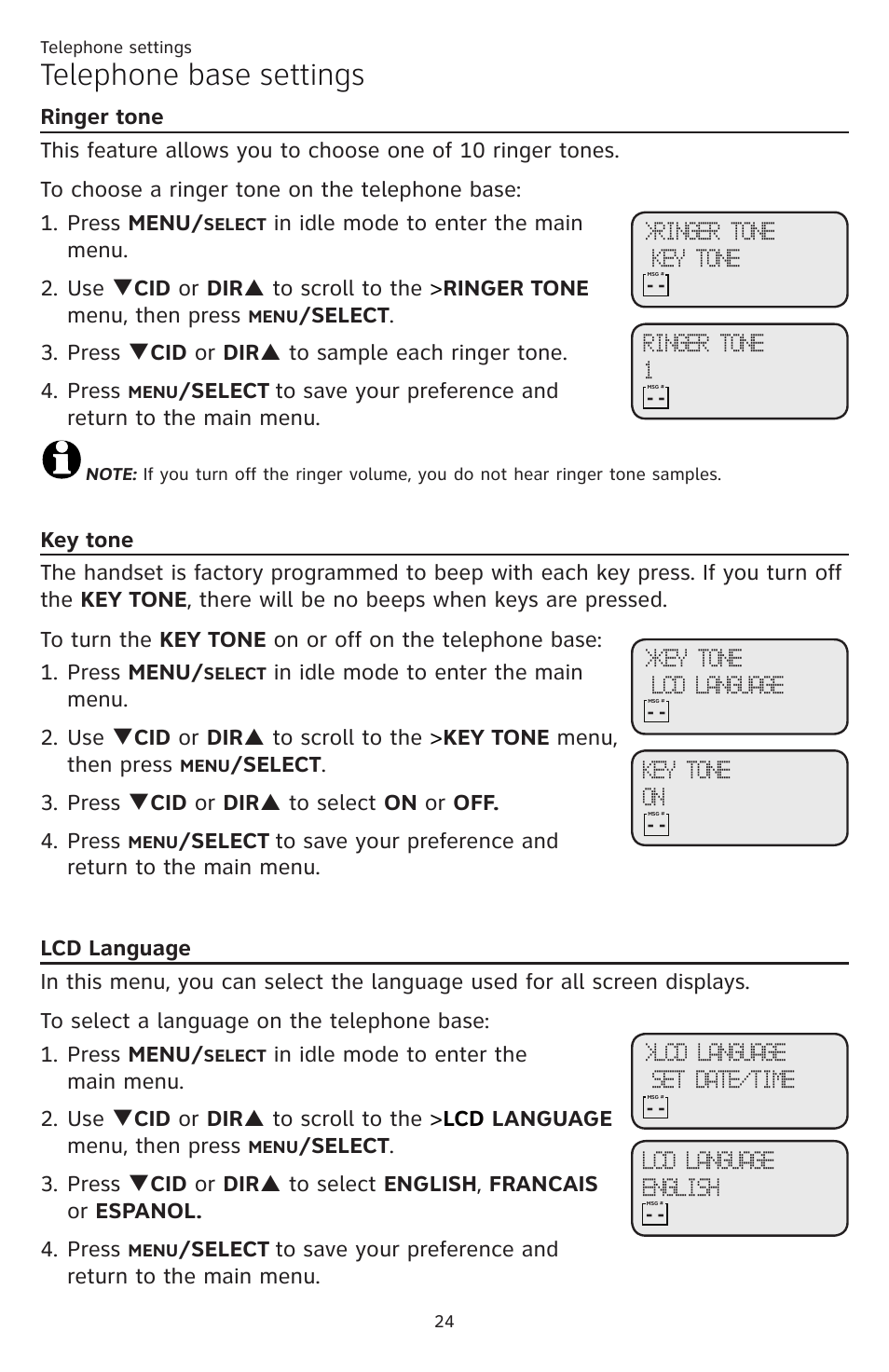 Telephone base settings | AT&T DECT CL84309 User Manual | Page 30 / 94