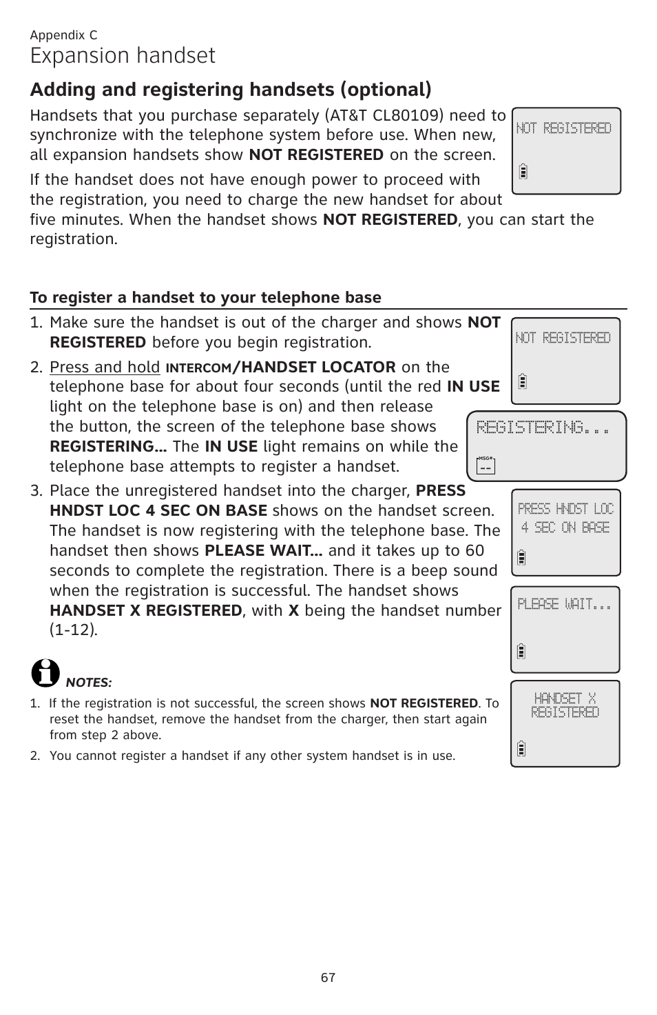 Expansion handset, Adding and registering handsets (optional) | AT&T DECT CL84309 User Manual | Page 73 / 94