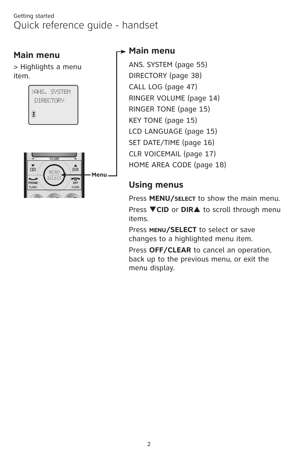 Quick reference guide - handset, Main menu, Using menus | AT&T DECT CL84309 User Manual | Page 8 / 94