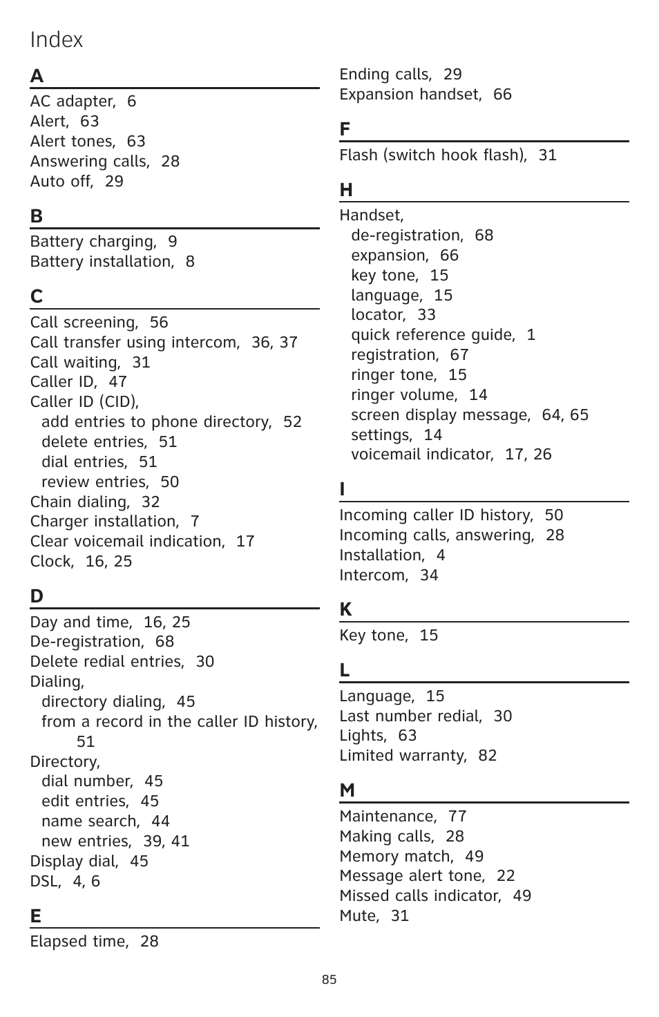 Index | AT&T DECT CL84309 User Manual | Page 91 / 94