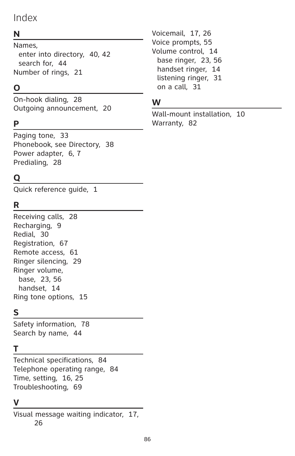 Index | AT&T DECT CL84309 User Manual | Page 92 / 94