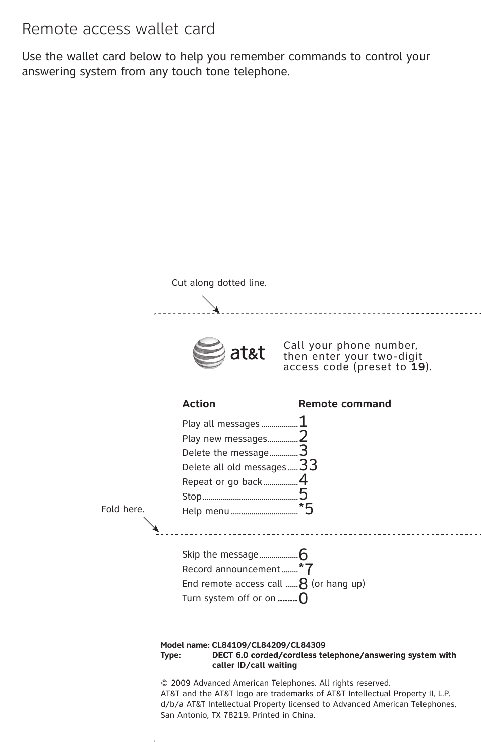 Remote access wallet card | AT&T DECT CL84309 User Manual | Page 93 / 94