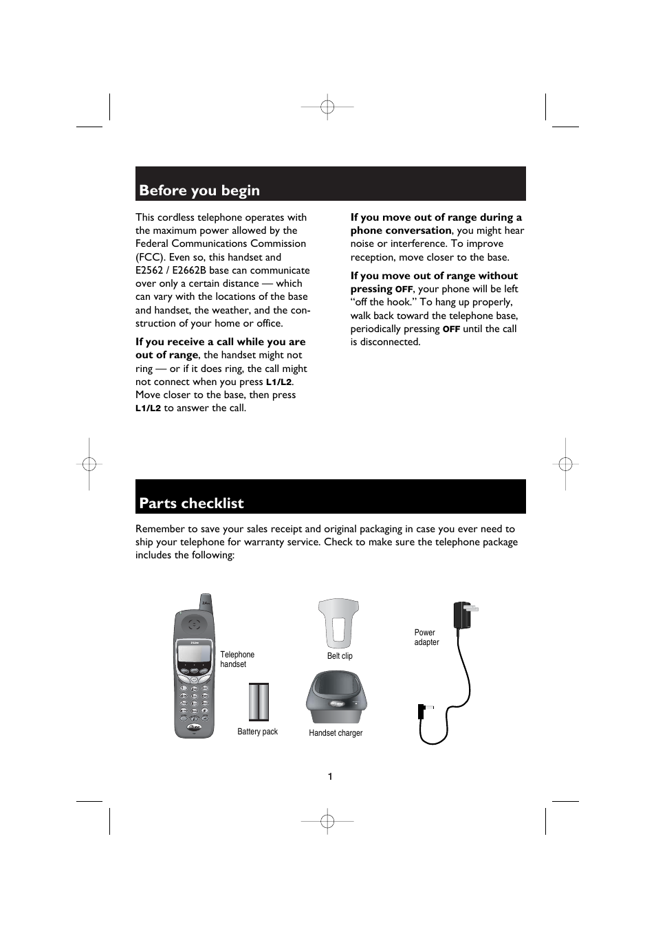 Before you begin, If you receive a call while you are out of range, If you move out of range without pressing off | Parts checklist | AT&T E2662B User Manual | Page 3 / 8