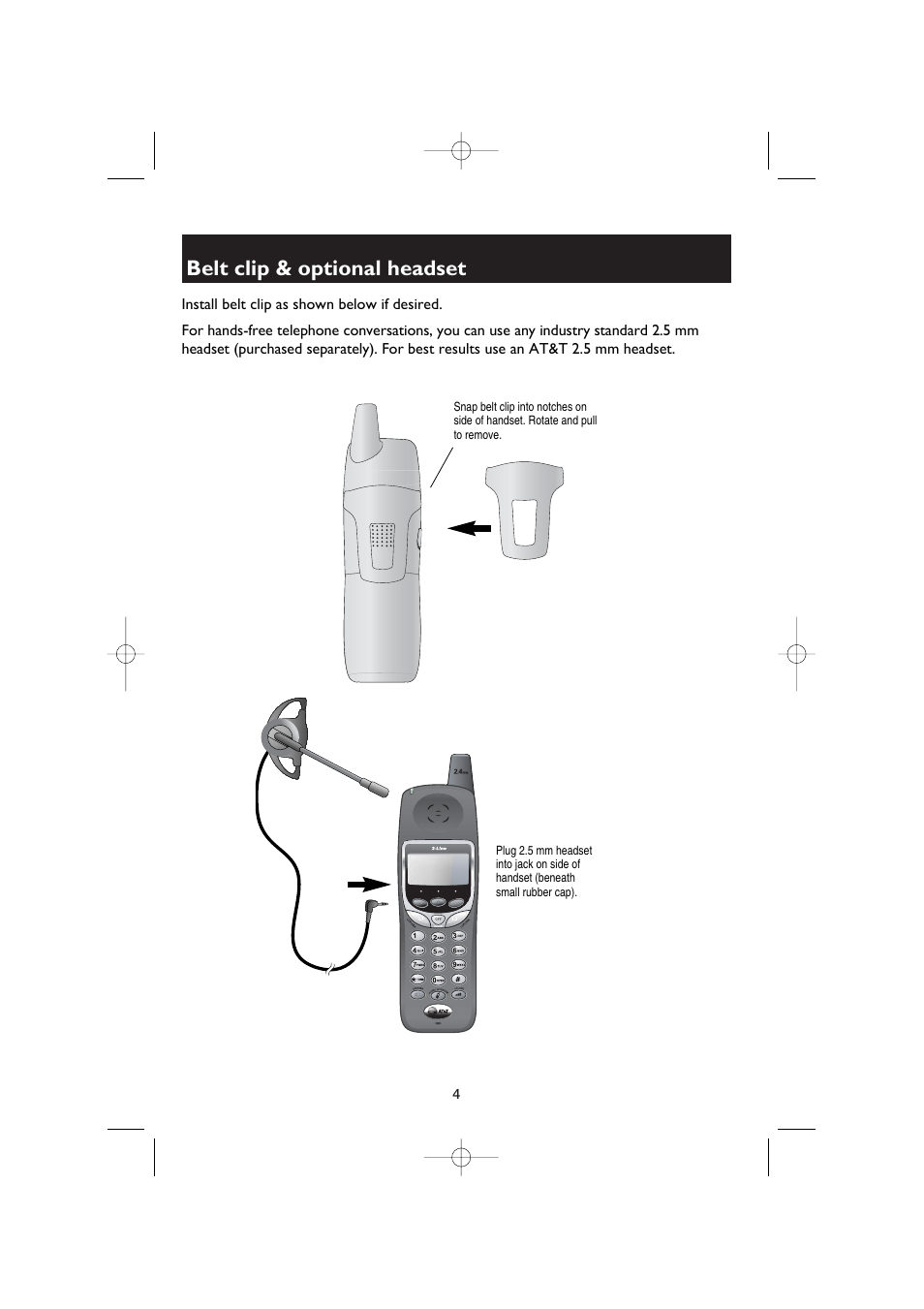 Belt clip & optional headset | AT&T E2662B User Manual | Page 6 / 8