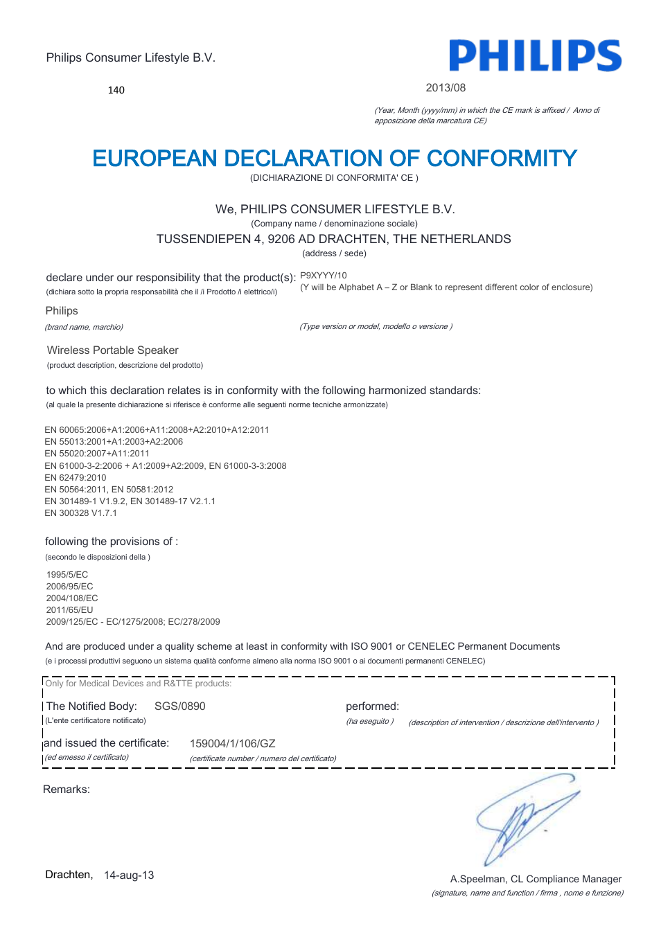 European declaration of conformity | Philips Fidelio enceinte portable sans fil User Manual | Page 10 / 22
