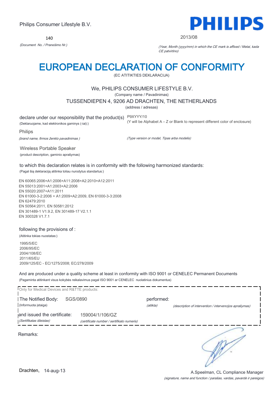 European declaration of conformity | Philips Fidelio enceinte portable sans fil User Manual | Page 11 / 22