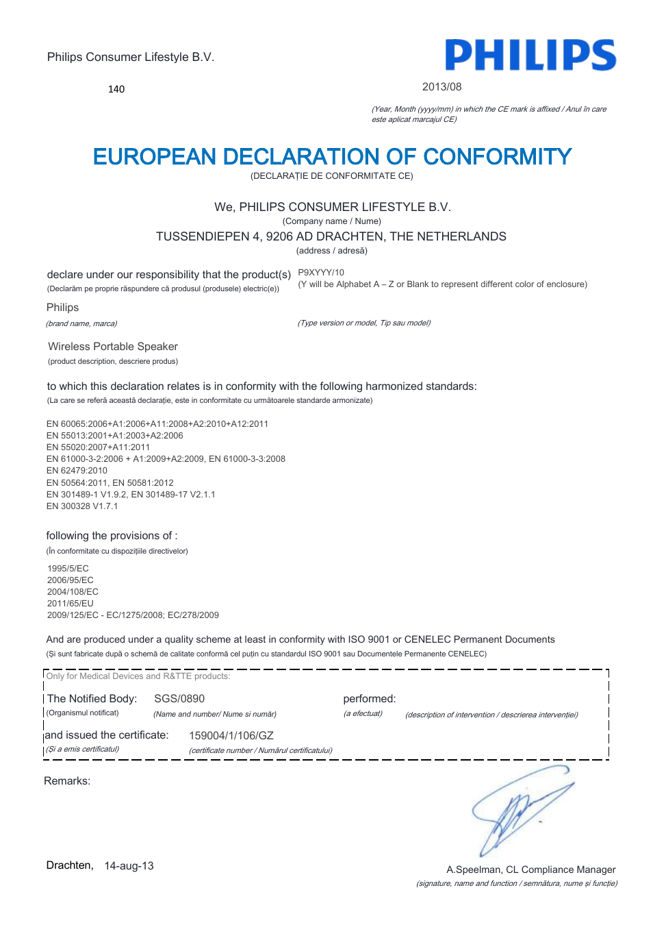 European declaration of conformity | Philips Fidelio enceinte portable sans fil User Manual | Page 15 / 22