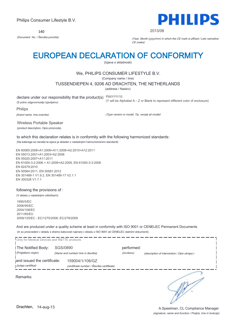 European declaration of conformity | Philips Fidelio enceinte portable sans fil User Manual | Page 18 / 22