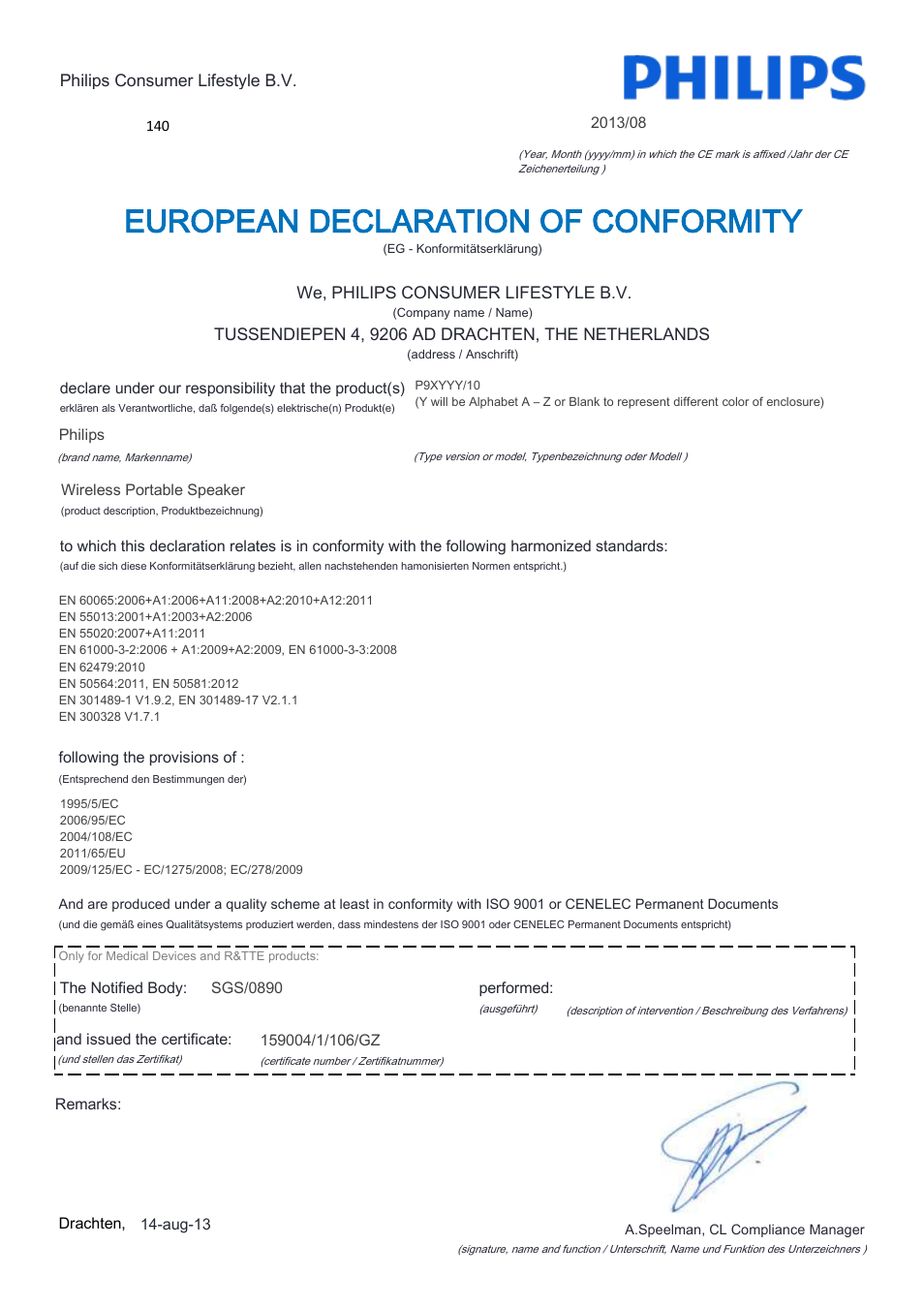 European declaration of conformity | Philips Fidelio enceinte portable sans fil User Manual | Page 2 / 22