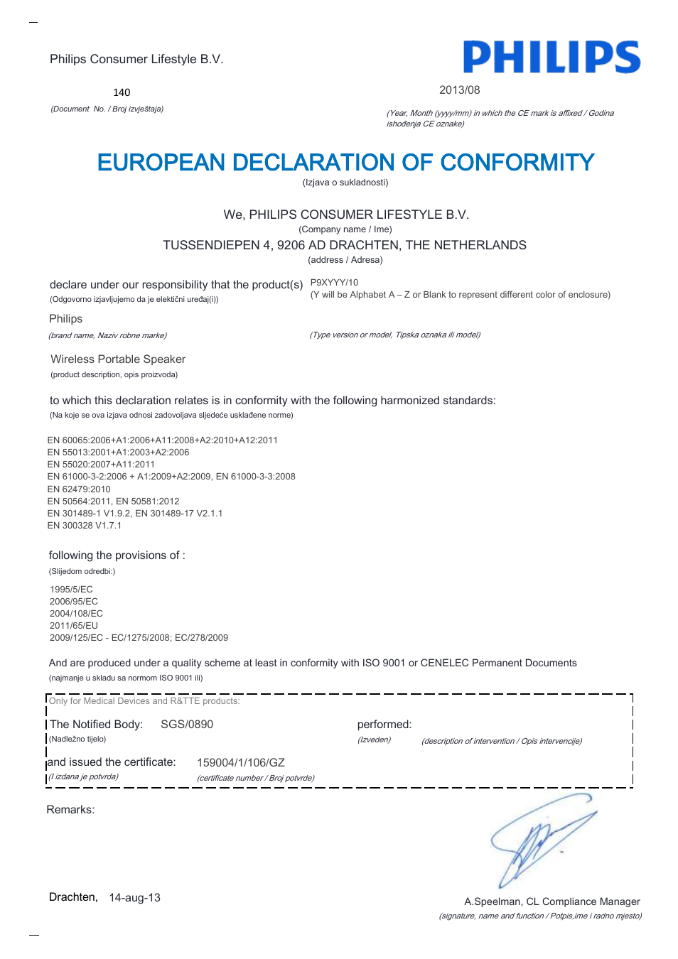 European declaration of conformity | Philips Fidelio enceinte portable sans fil User Manual | Page 20 / 22