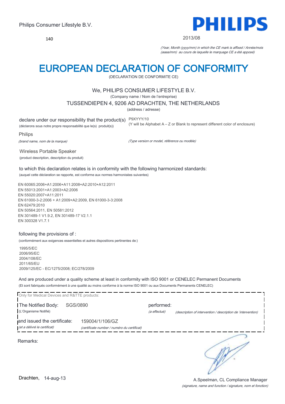 European declaration of conformity | Philips Fidelio enceinte portable sans fil User Manual | Page 3 / 22