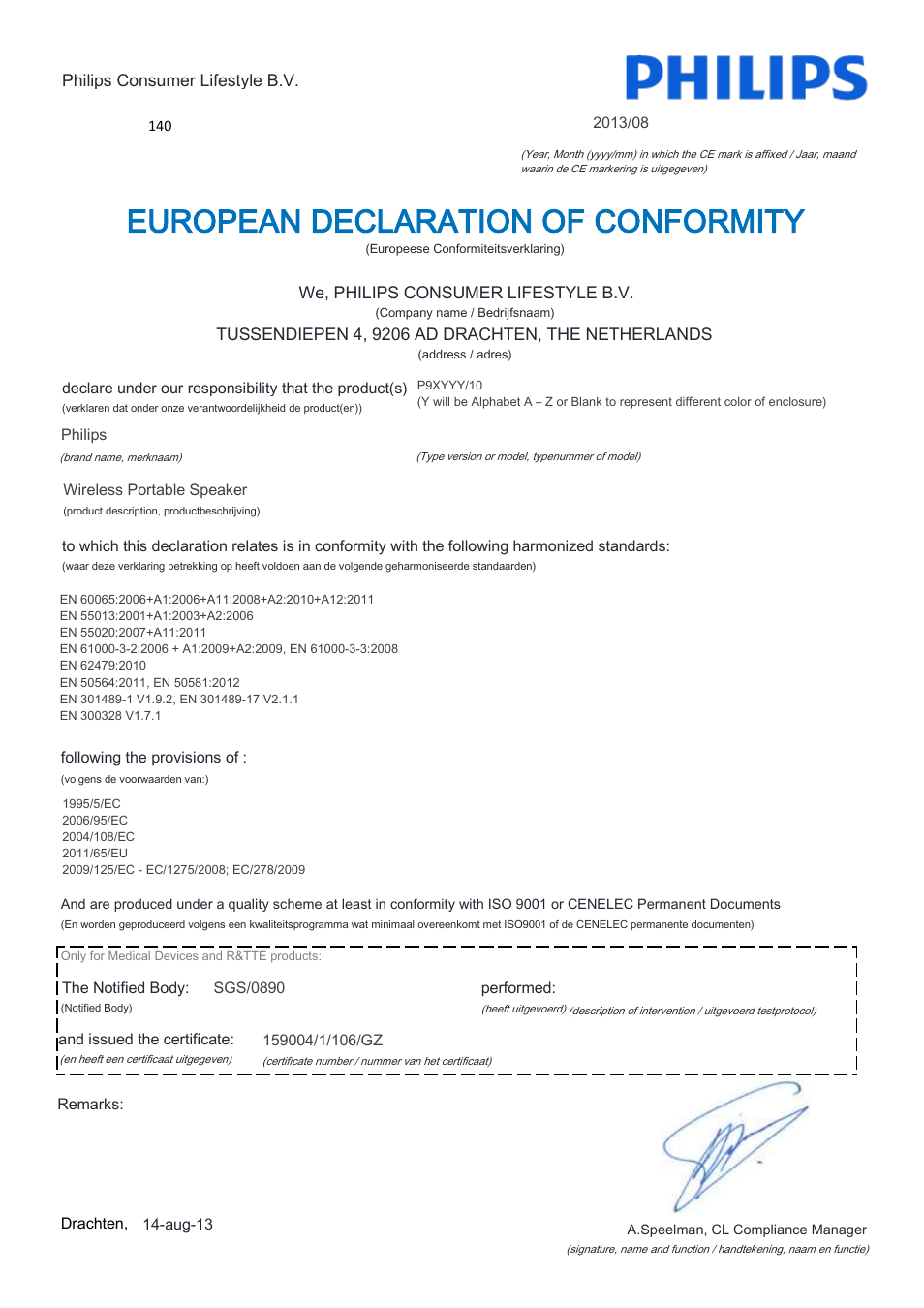 European declaration of conformity | Philips Fidelio enceinte portable sans fil User Manual | Page 4 / 22