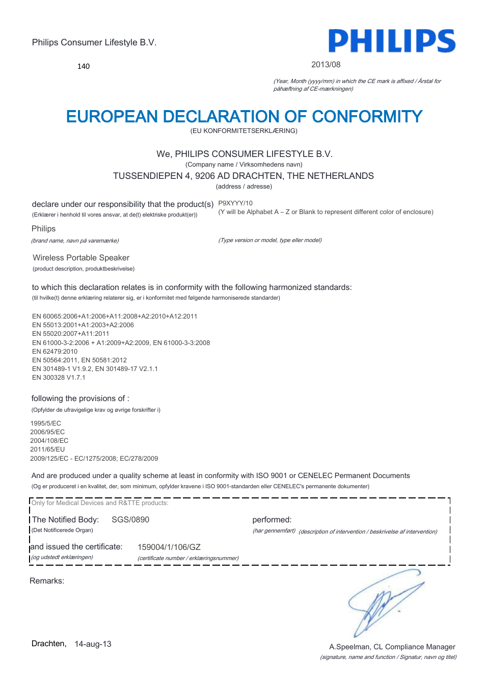 European declaration of conformity | Philips Fidelio enceinte portable sans fil User Manual | Page 6 / 22