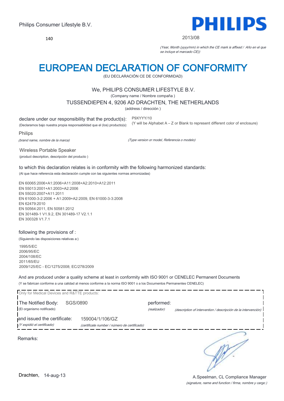 European declaration of conformity | Philips Fidelio enceinte portable sans fil User Manual | Page 7 / 22