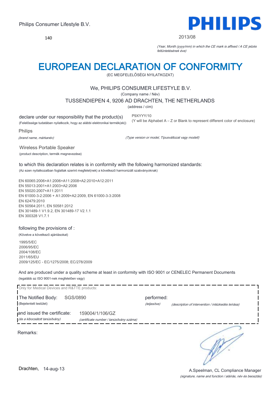 European declaration of conformity | Philips Fidelio enceinte portable sans fil User Manual | Page 9 / 22